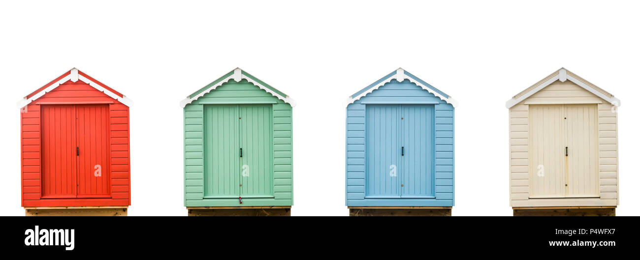 Four Isolated, Colorful Vintage Retro British Beach Huts Stock Photo