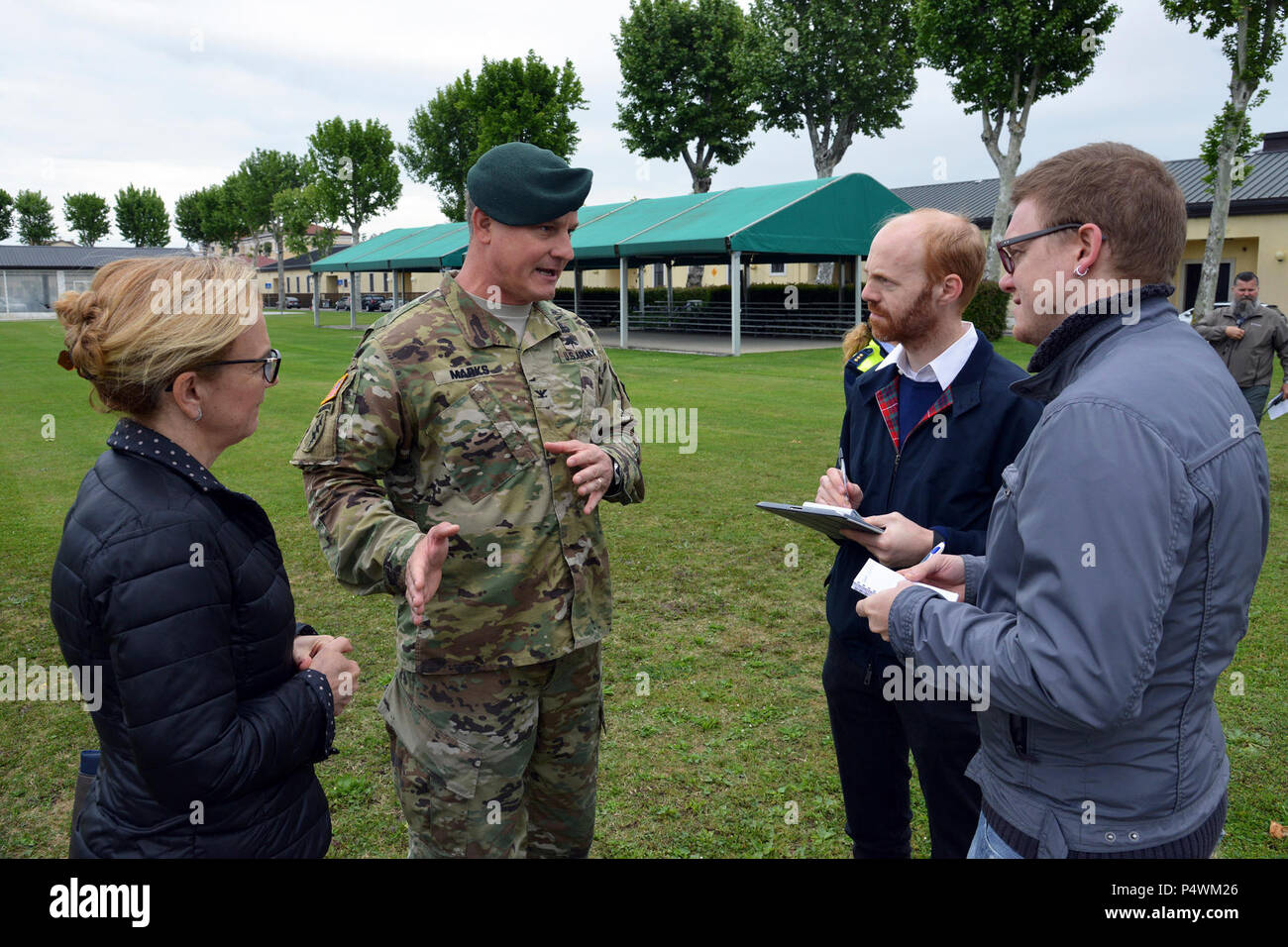 Col. Steve Marks, U.S. Army Garrison Italy commander, explain the exercise at the press during the Lion Response exercise, the Vicenza Military Community conducted its full-scale Lion Shake ’17 exercise on Caserma Ederle Vicenza, Italy, May 10, 2017. The purpose of the annual training exercise was to test and validate Force Protection and Emergency Management plans and procedures in response to an emergency situation. Stock Photo