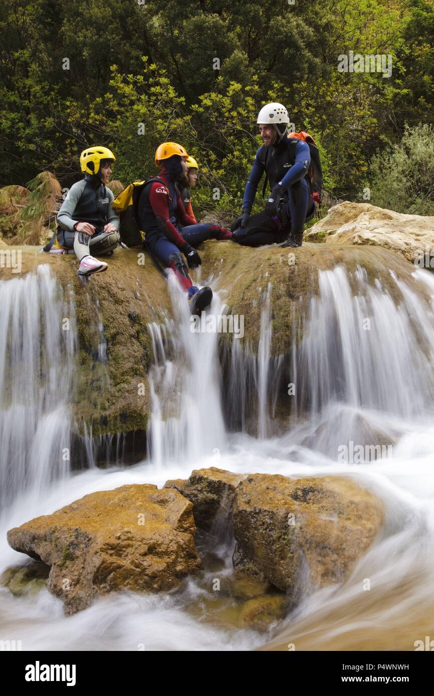 Canyoning in Guadalquivir river. Sierra de Cazorla Natural Park. Jaen. Andalusia. Spain. Stock Photo