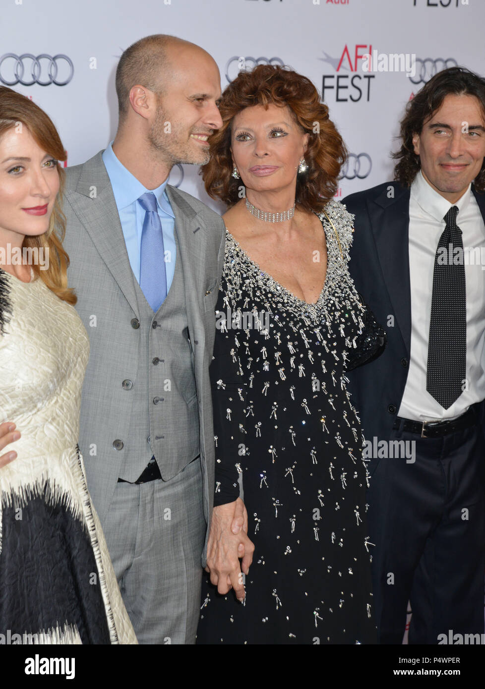 Sophia Loren, Son Carlo Ponti Jr., son Edoardo Ponti, Wife Sasha Alexander at the   Tribute to Sofia Loren, Still Alice, Mommy Premiere at the Dolby Theatre, Nov. 12, 2014, in Los Angeles, Sophia Loren, Son Carlo Ponti Jr., son Edoardo Ponti, Wife Sasha Alexander ------------- Red Carpet Event, Vertical, USA, Film Industry, Celebrities,  Photography, Bestof, Arts Culture and Entertainment, Topix Celebrities fashion /  Vertical, Best of, Event in Hollywood Life - California,  Red Carpet and backstage, USA, Film Industry, Celebrities,  movie celebrities, TV celebrities, Music celebrities, Photog Stock Photo