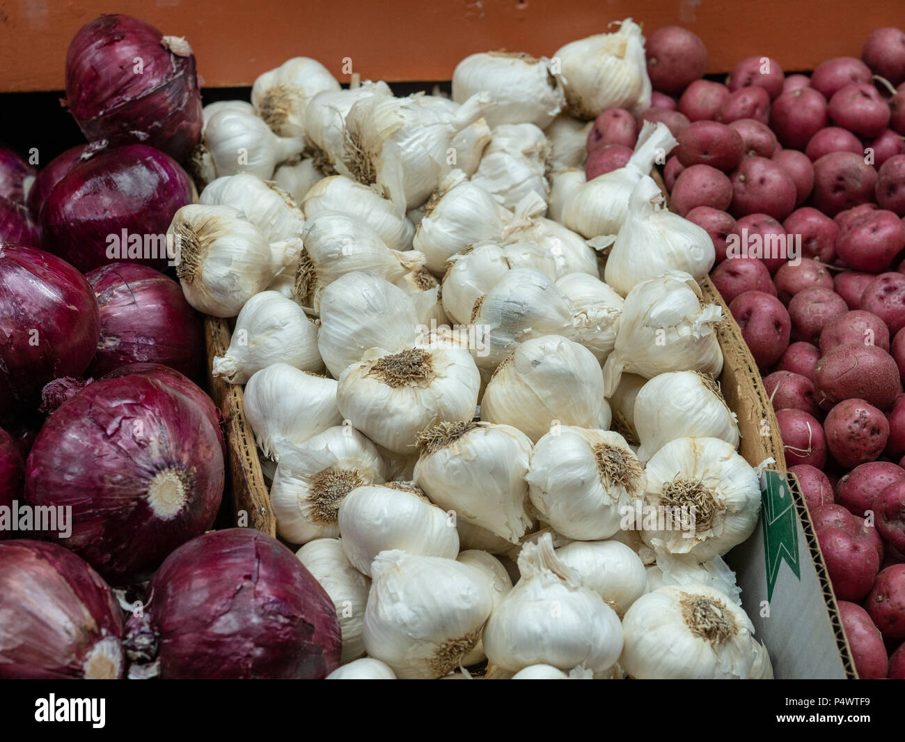 Red onions, garlic, and red potatoes sit in a grocery store produce