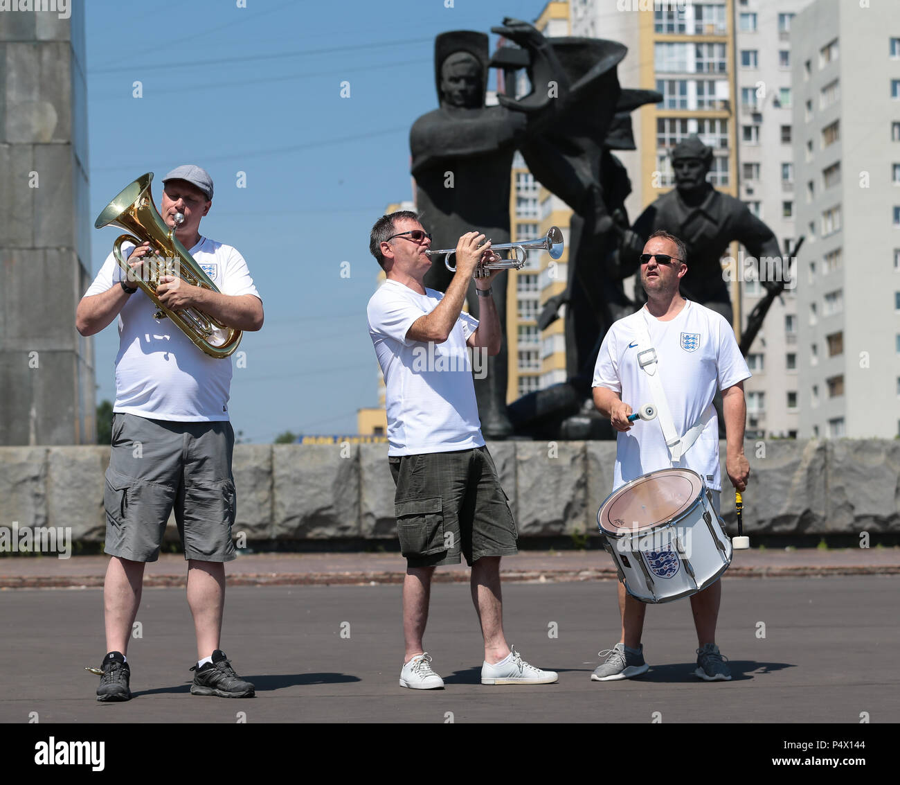 (left to right) Steve Wood 54, John Hemmingham 55 and Steve Homes 47 of the England Band in Lenin Square, Nizhny Novgorod ahead of England's second World Cup Group G game in the 2018 FIFA World Cup in Russia. Stock Photo