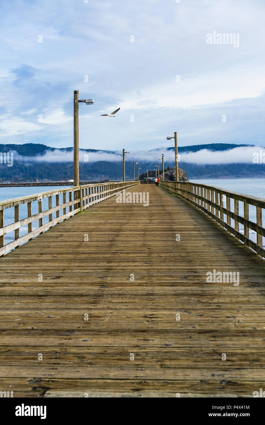Wooden deck with guard rails and birds flying in the background Stock Photo