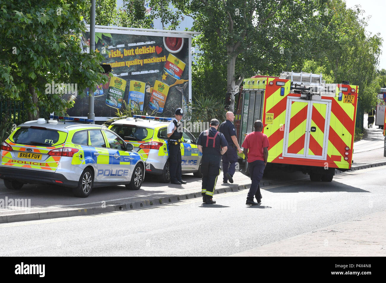Emergenct services at the scene of a large fire in a warehouse in ...