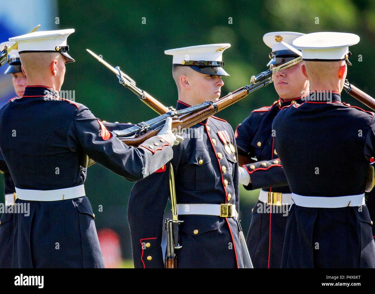 The U.S. Marine Corps Silent Drill Platoon performs during the Centennial Celebration Ceremony at Lejeune Field, Marine Corps Base (MCB) Quantico, Va., May 10, 2017. The event commemorates the founding of MCB Quantico in 1917, and consisted of performances by the U.S. Marine Corps Silent Drill Platoon and the U.S. Marine Drum & Bugle Corps. Stock Photo