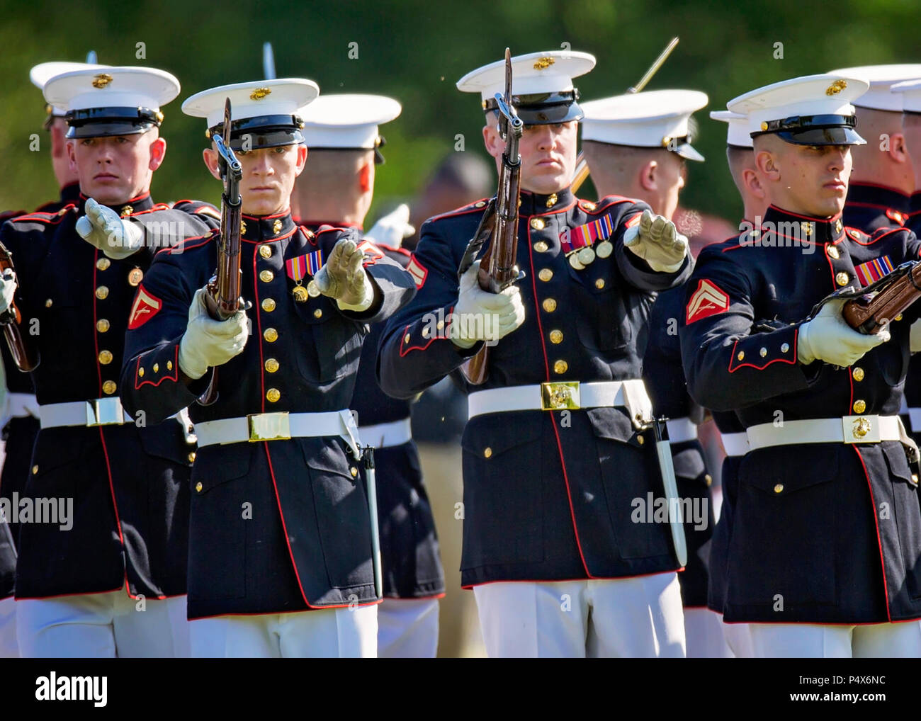 The U.S. Marine Corps Silent Drill Platoon performs during the Centennial Celebration Ceremony at Lejeune Field, Marine Corps Base (MCB) Quantico, Va., May 10, 2017. The event commemorates the founding of MCB Quantico in 1917, and consisted of performances by the U.S. Marine Corps Silent Drill Platoon and the U.S. Marine Drum & Bugle Corps. Stock Photo