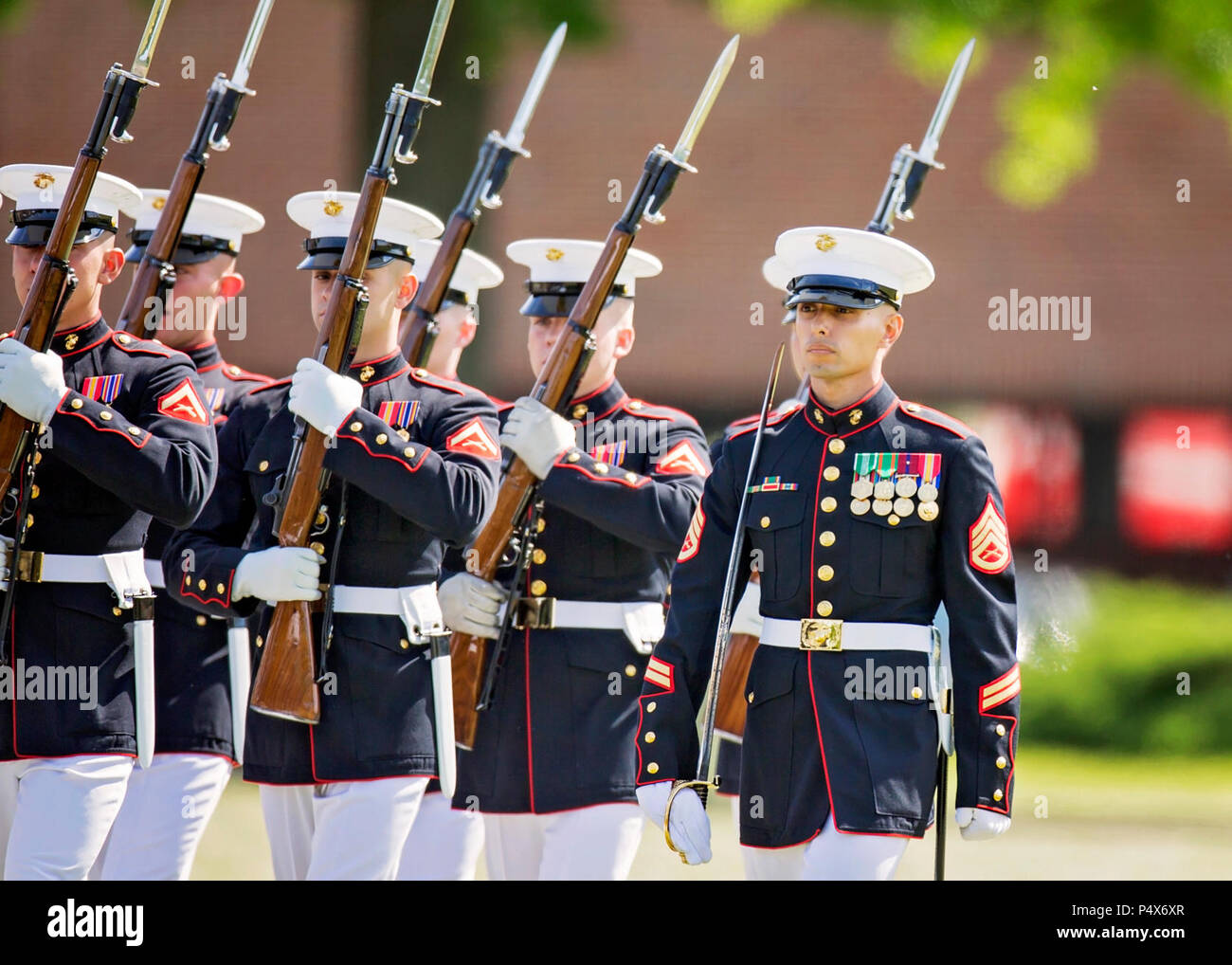 The U.S. Marine Corps Silent Drill Platoon performs during the Centennial Celebration Ceremony at Lejeune Field, Marine Corps Base (MCB) Quantico, Va., May 10, 2017. The event commemorates the founding of MCB Quantico in 1917, and consisted of performances by the U.S. Marine Corps Silent Drill Platoon and the U.S. Marine Drum & Bugle Corps. Stock Photo