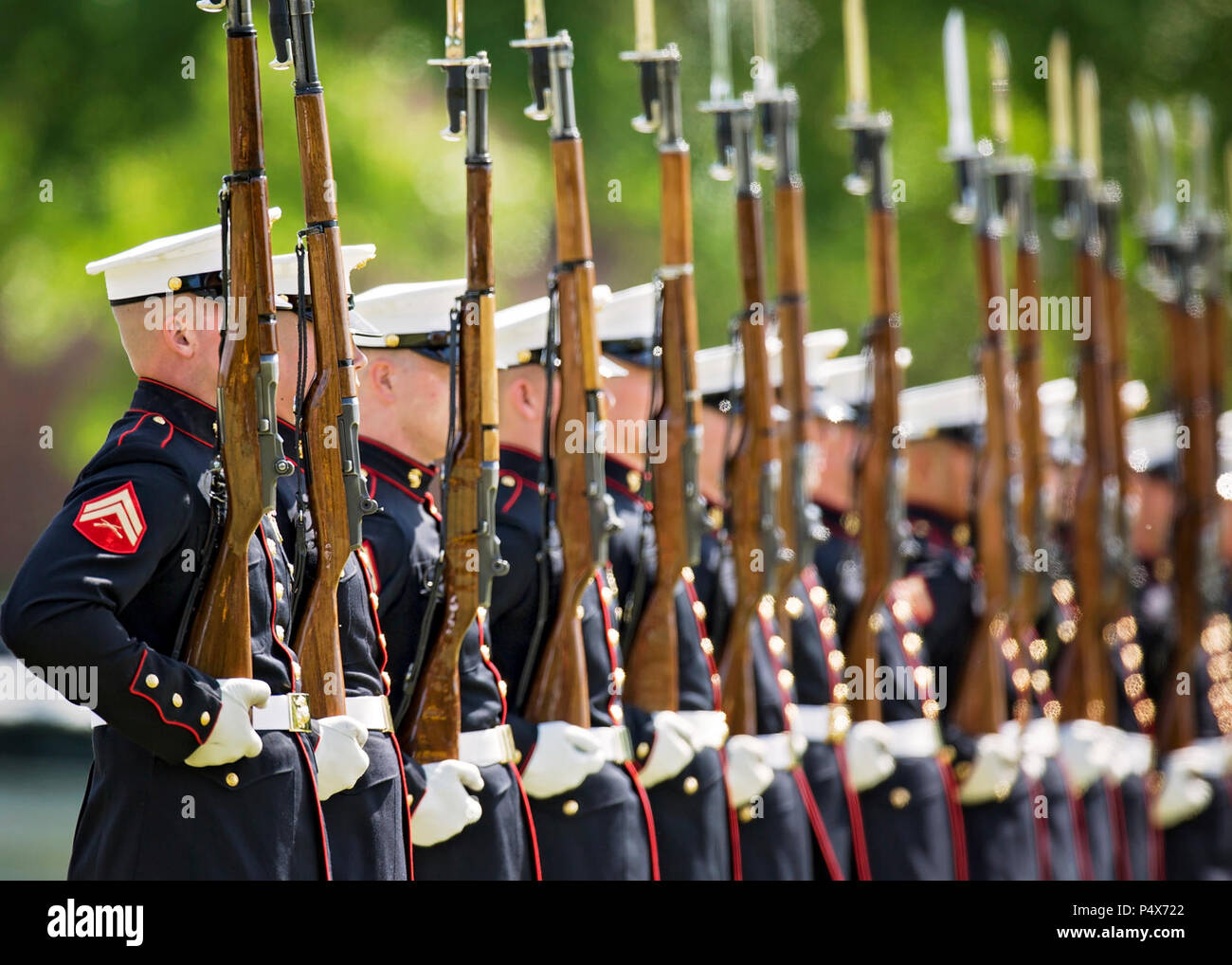 The U.S. Marine Corps Silent Drill Platoon performs during the Centennial Celebration Ceremony at Lejeune Field, Marine Corps Base (MCB) Quantico, Va., May 10, 2017. The event commemorates the founding of MCB Quantico in 1917, and consisted of performances by the U.S. Marine Corps Silent Drill Platoon and the U.S. Marine Drum & Bugle Corps. Stock Photo