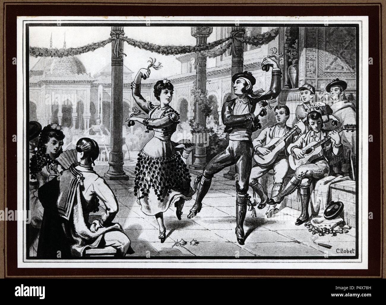 Bolero. Baile español derivado del 'fandango' y de la 'seguidilla'. Patio de los Leones, de la Alhambra de Granada. Grabado de 1929. Stock Photo