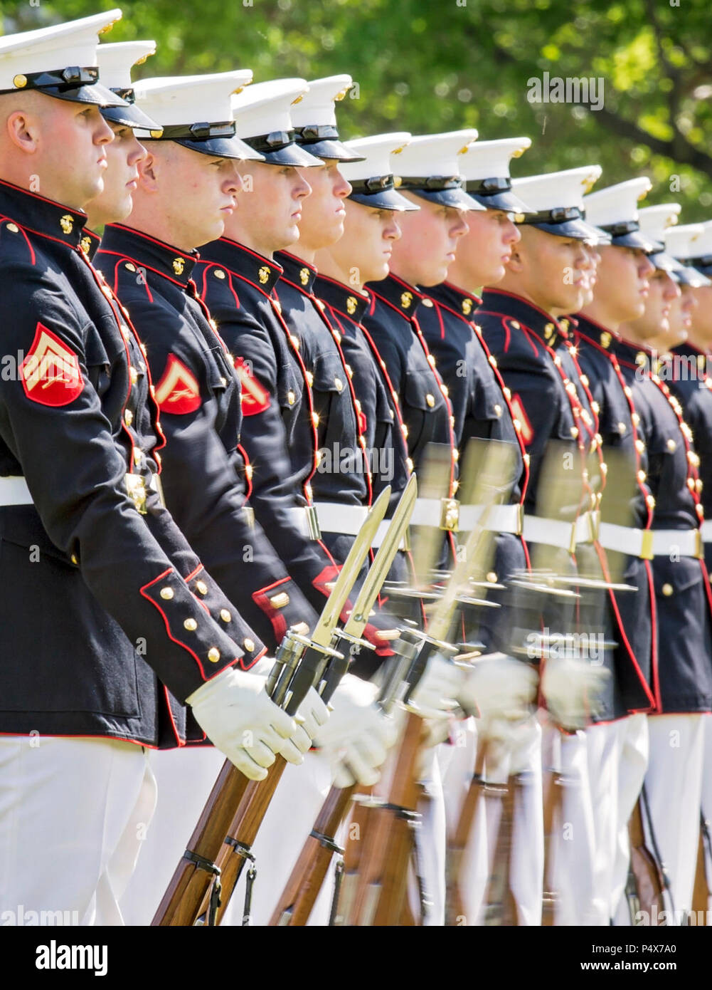 The U.S. Marine Corps Silent Drill Platoon performs during the Centennial Celebration Ceremony at Lejeune Field, Marine Corps Base (MCB) Quantico, Va., May 10, 2017. The event commemorates the founding of MCB Quantico in 1917, and consisted of performances by the U.S. Marine Corps Silent Drill Platoon and the U.S. Marine Drum & Bugle Corps. Stock Photo