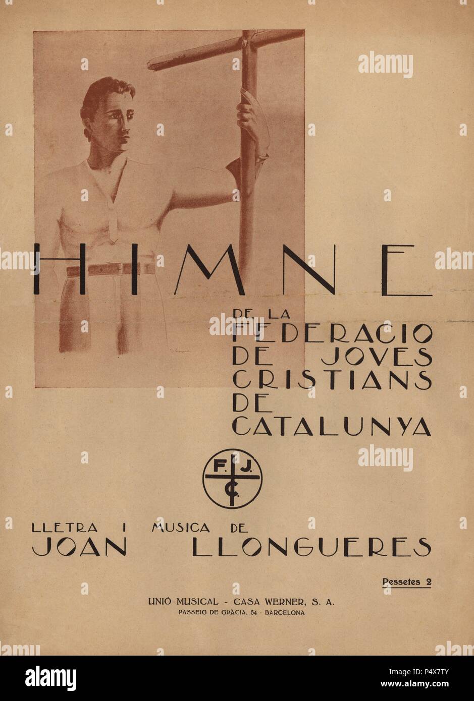 Partitura musical del himno de la Federación de Jóvenes cristianos de Cataluña, letra y música de Joan Llongueres, de dicado al Papa Pío XI. Años 1930. Stock Photo