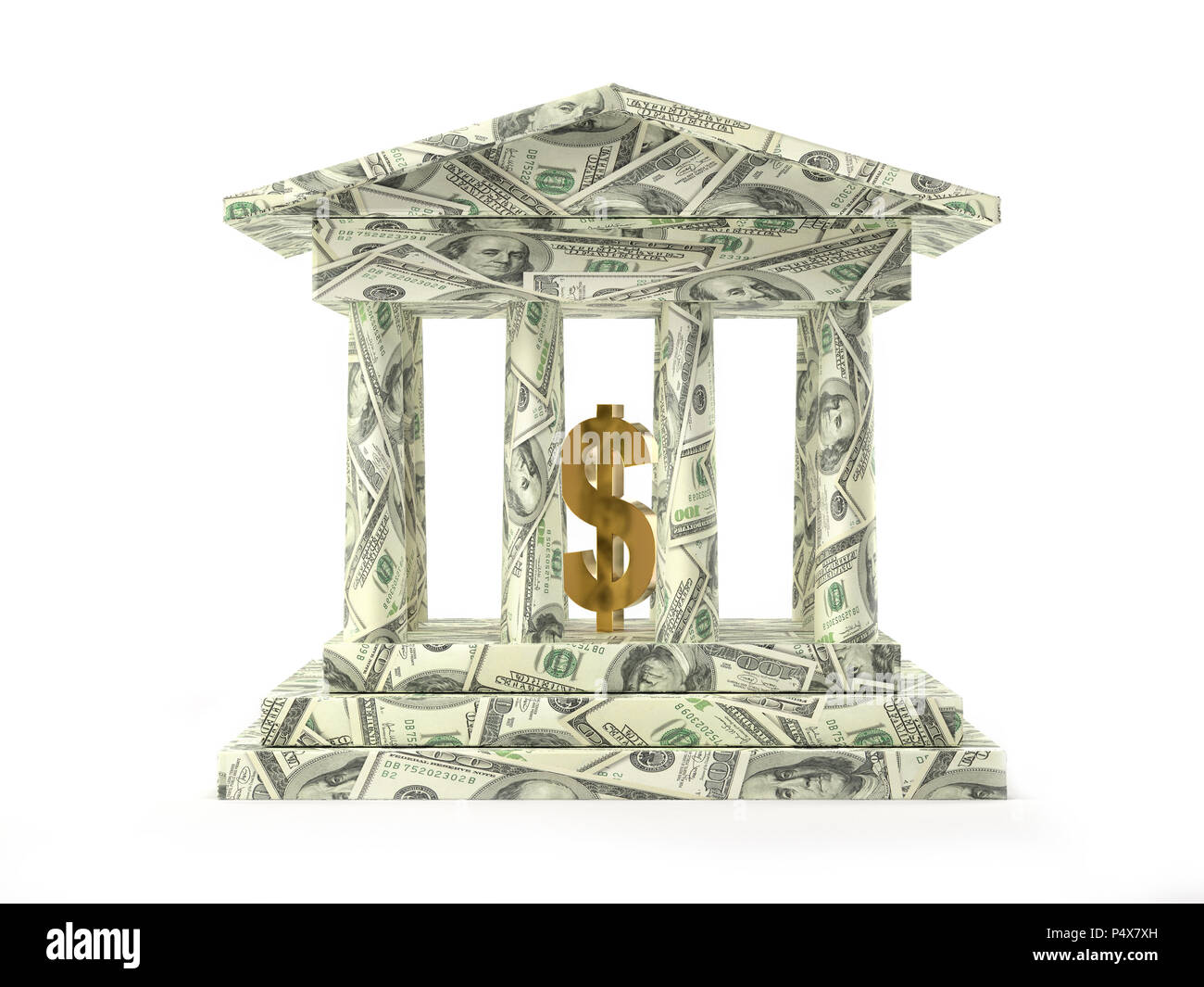 3D render of Bank columnar structure wrapped around with one hundred US dollars banknotes and Golden American Dollar sign Stock Photo
