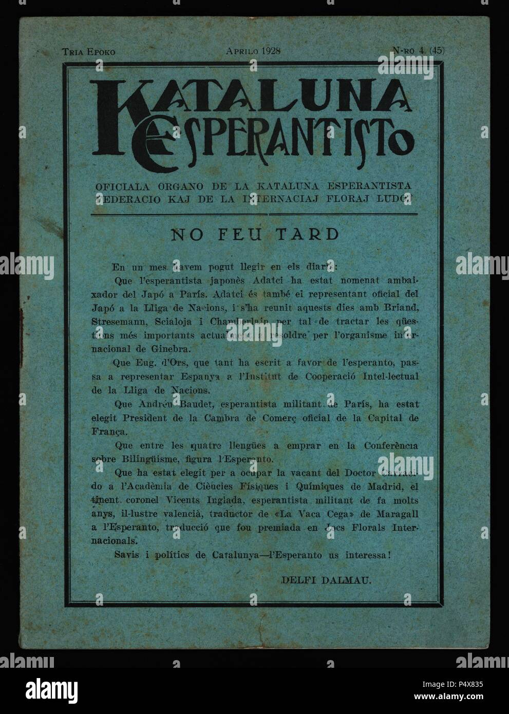 Portada del número cuatro de la revista Kataluna Esperantisto editada el mes de Abril de 1928. Stock Photo