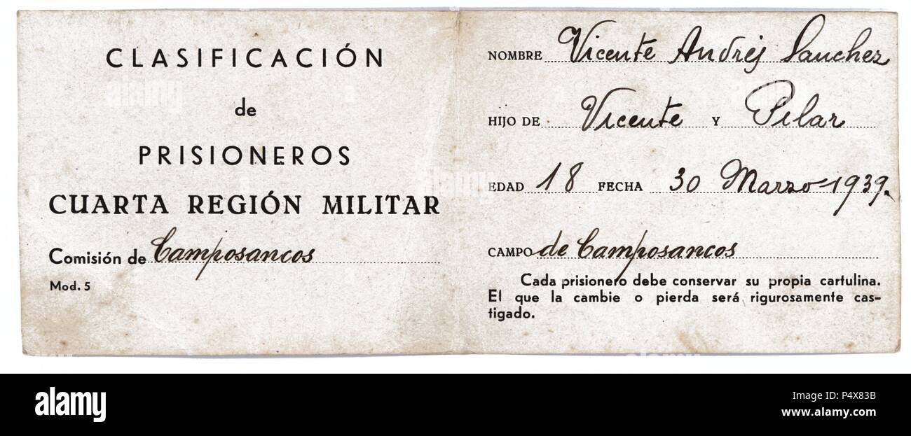 Carnet personal de clasificación de prisioneros de la cuarta región militar, campo de concentración de Camposancos (Pontevedra) expedido el 30 de marzo de 1939. Stock Photo