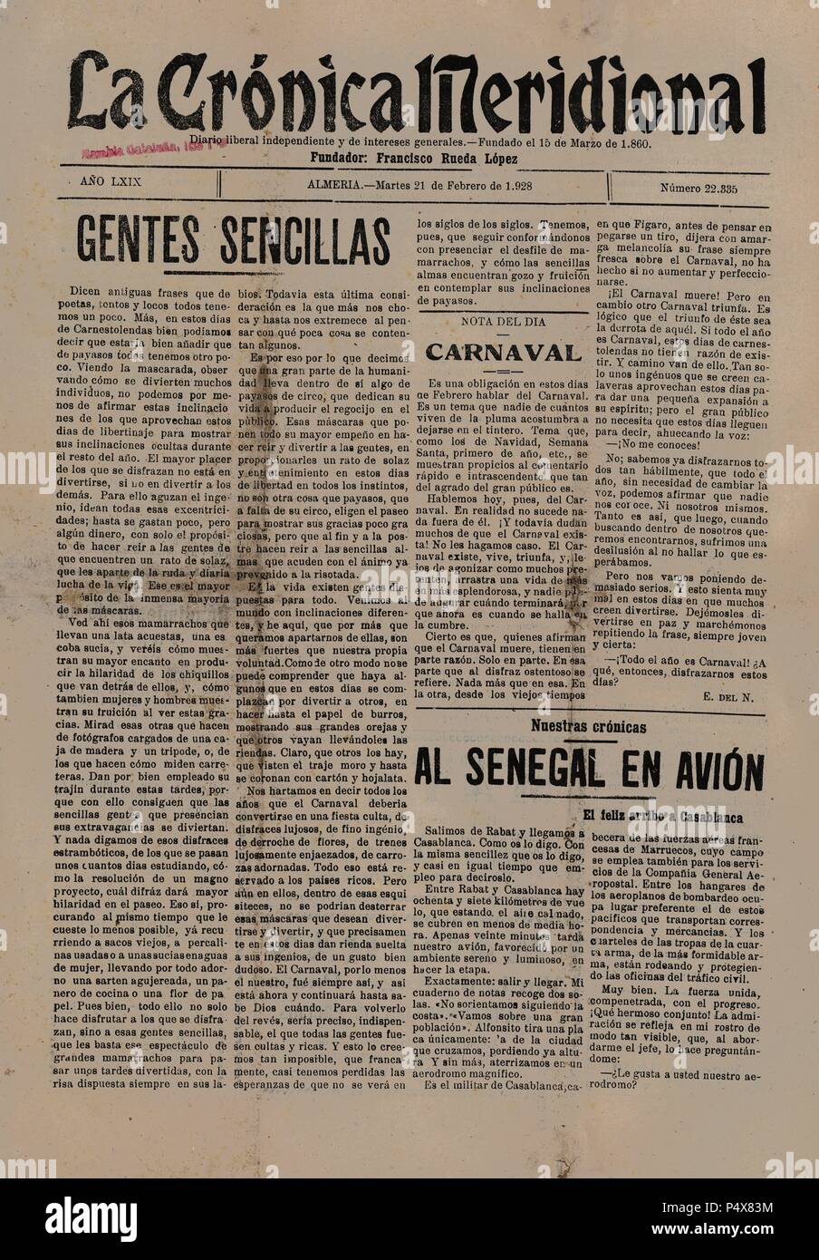 Portada del diario "La Crónica Meridional", de Almería, del 21 de febrero  de 1928 Stock Photo - Alamy