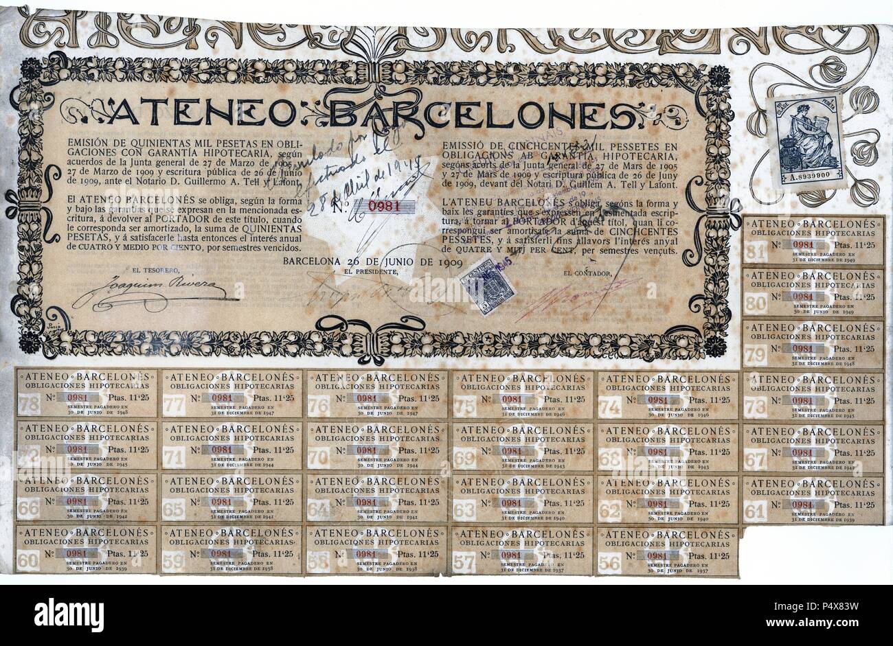 Título de deuda emitido por el Ateneo Barcelonés el 26 de junio de 1909. Stock Photo