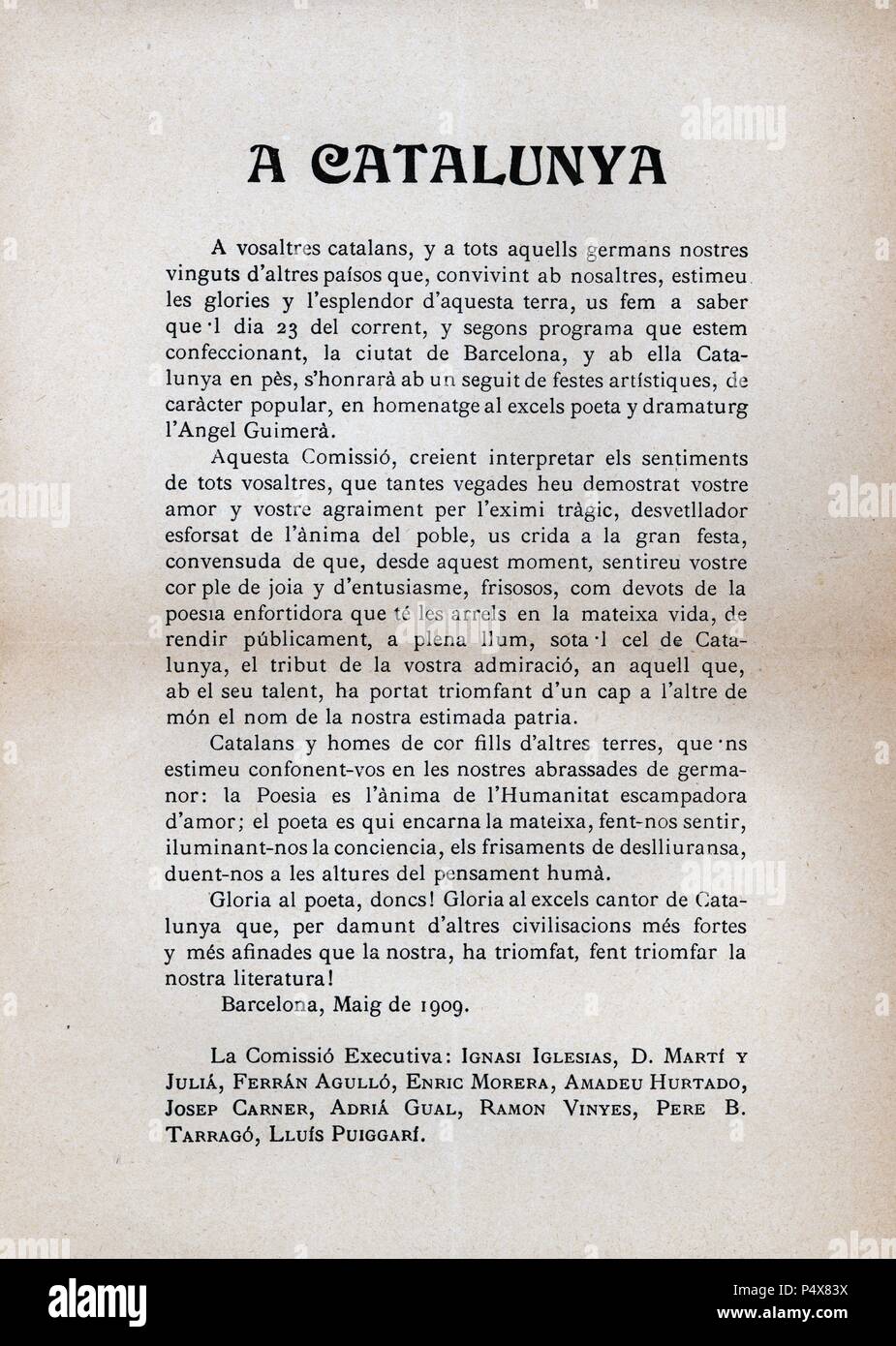 Proclama de la Comisión de Homenaje a Angel Guimerá llevado a cabo en Barcelona, en mayo de 1909. Stock Photo