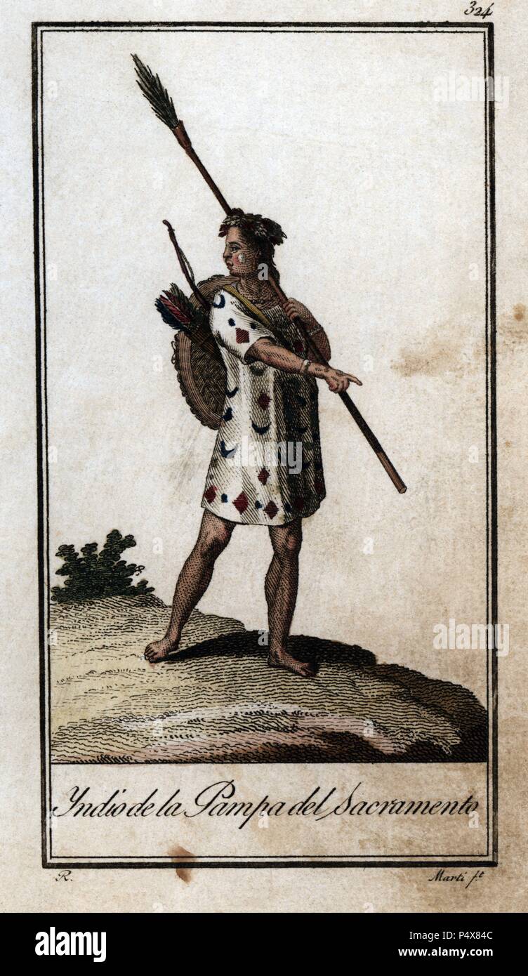 Indio de la Pampa del Sacramento. Grabado en color de 1805 Stock Photo