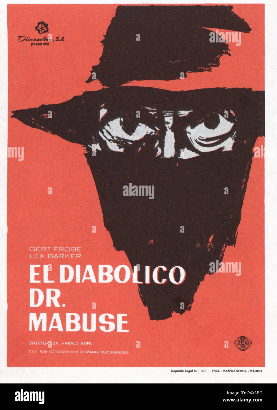 Cartel de la película El Diabólico Dr. Mabuse, con Gert Frobe y Lex Barker, dirigida por Harald Reiml. Alemania, ano 1961. Stock Photo