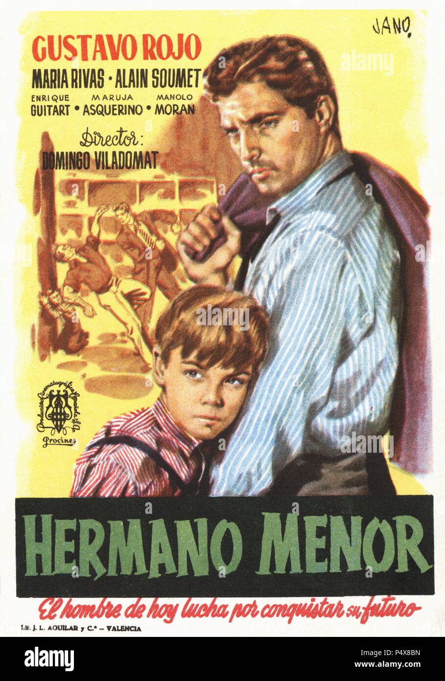 Cartel de la película Hermano Menor, ilustrado por Jano; con Gustavo Rojo y María Ribas, dirigida por Domingo Viladomat. España, año 1952. Stock Photo