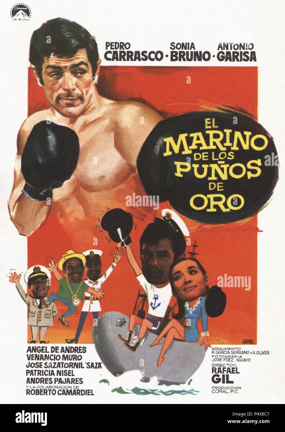 Cartel de la película El Marino de los Puños de Oro, ilustrado por Jano, con Pedro Carrasco y Sonia Bruno, dirigda por Rafael Gil. España, 1968. Stock Photo