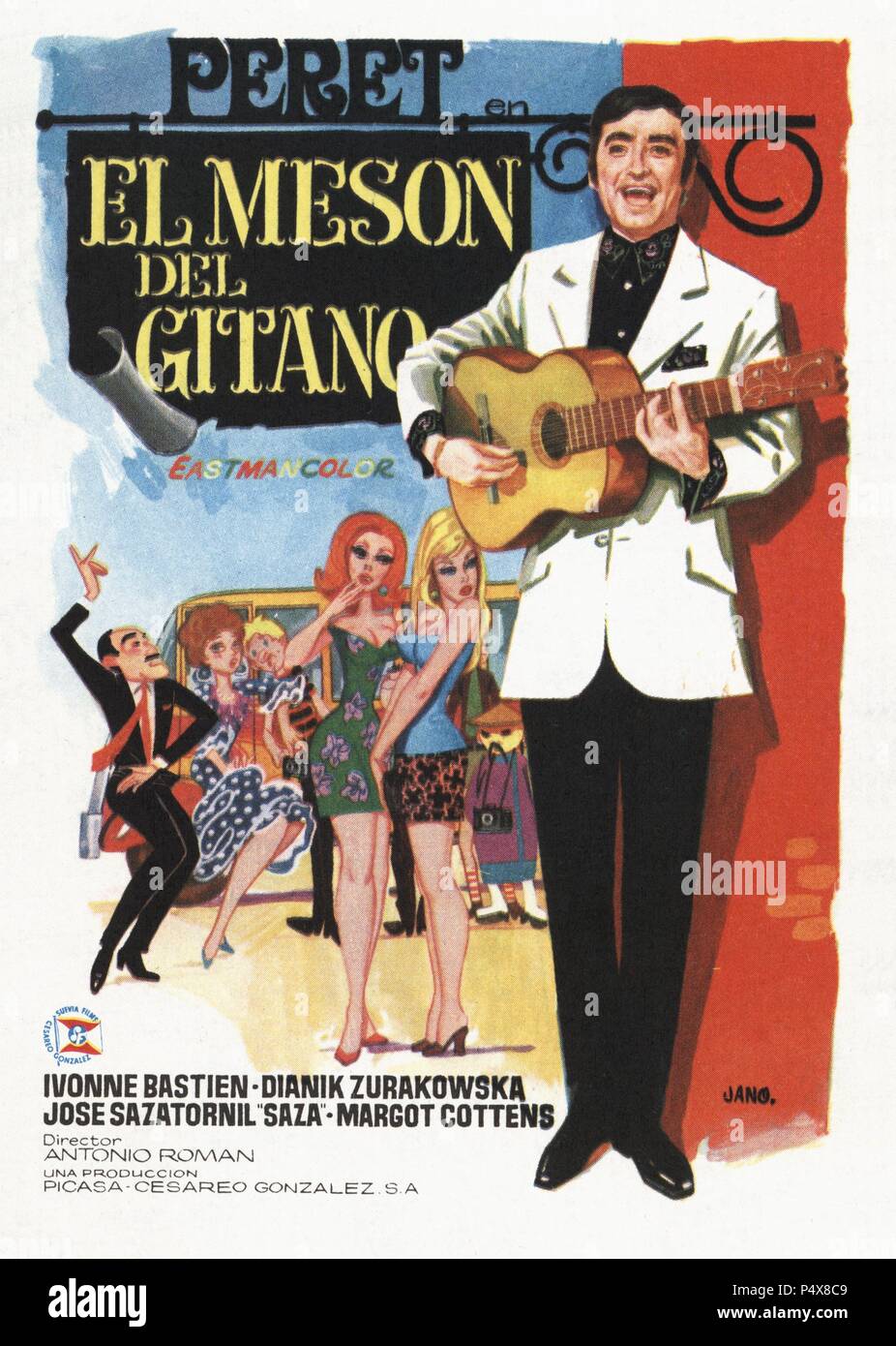 Cartel de la película El Mesón del Gitano, ilustrado por Jano, con Peret e Ivonne Bastién, dirigida por Antonio Román. España, 1969. Stock Photo