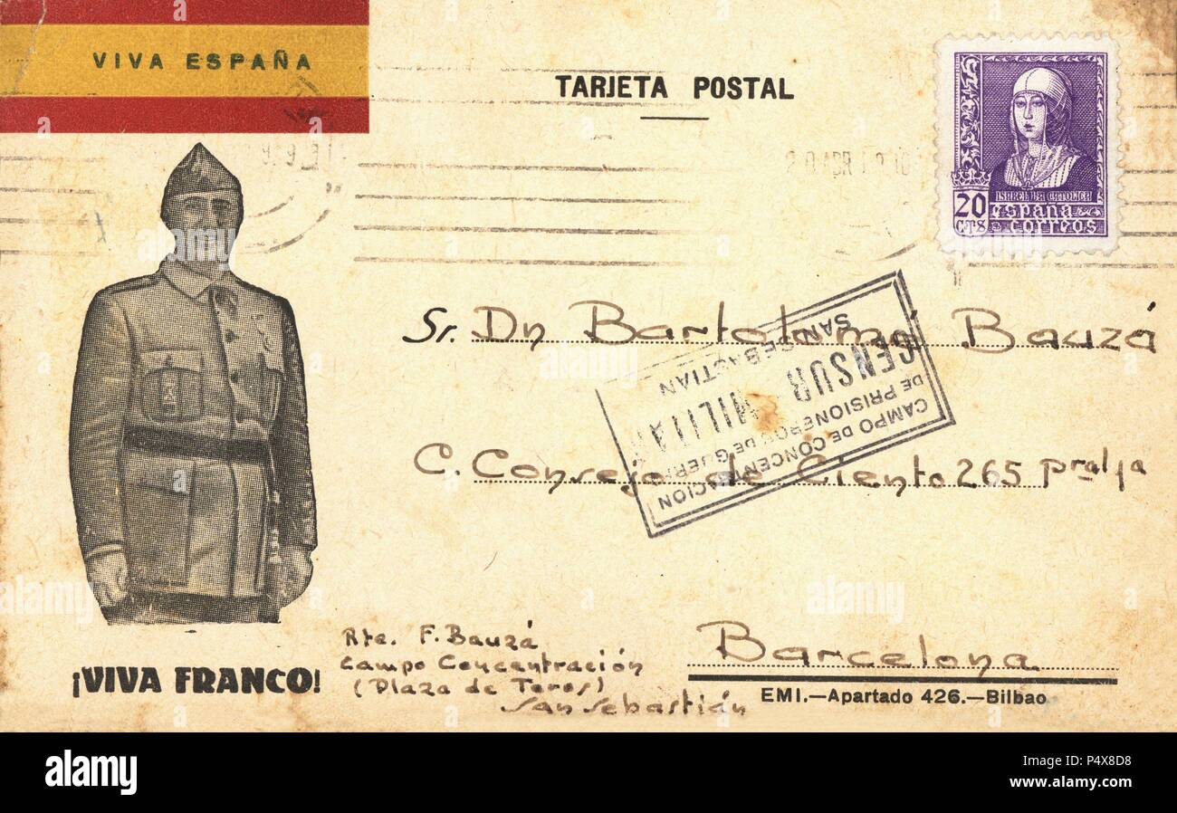 Tarjeta postal del campo de concentración de San Sebastián  (plaza de toros), circulada el 19 de abril de 1939, con censura militar. Stock Photo