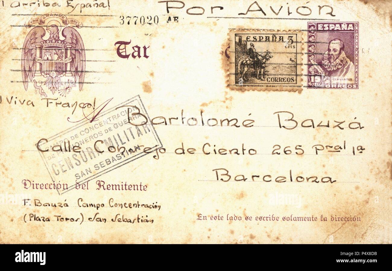 Tarjeta postal del campo de concentración de San Sebastián  (plaza de toros), circulada el 17 de abril de 1939, con censura militar. Stock Photo