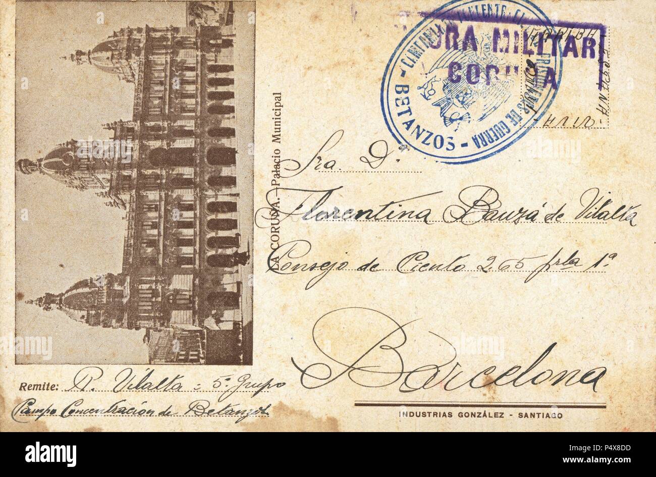 Tarjeta postal del campo de concentración de Betanzos (Galicia), circulada el 20 de abril de 1939, con censura militar. Stock Photo