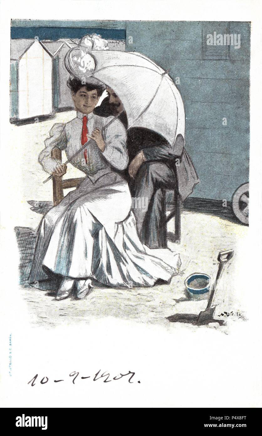 Tarjeta postal. Escenas de baño en la costa de Barcelona. Hombre y mujer con sombrilla,sentados en una silla en la playa, protegiendose del sol. Años 1905. Stock Photo