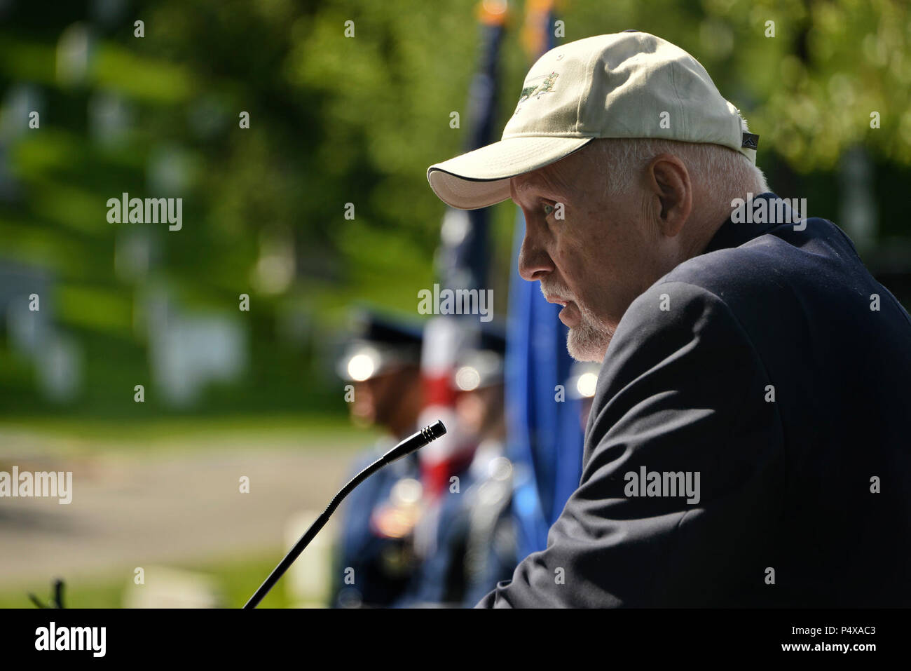 Retired Master Sgt. Joe Martin, 6994th Security Squadron Morse Code operator, tells Airmen from the 94th Intelligence Squadron about his experiences during the Vietnam War at the BARON 52 wreath laying ceremony May 10, 2017. Stock Photo