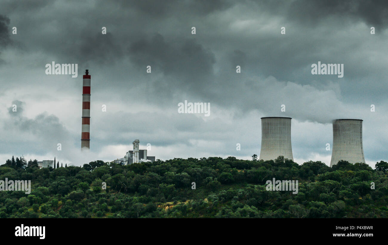 Panorama of cooling towers of nuclear power plants in Portugal 