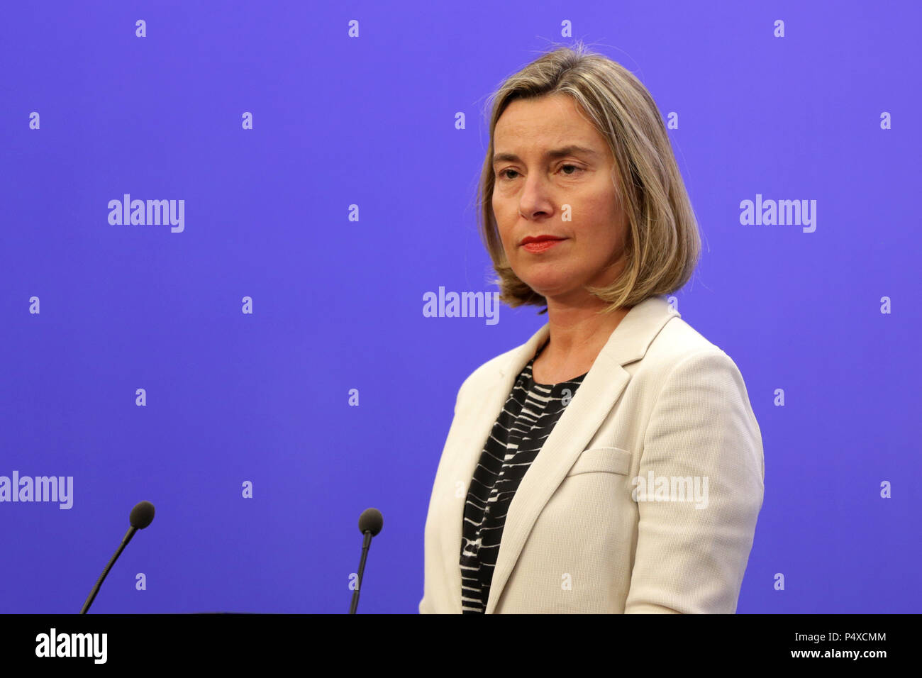Sofia, Bulgaria - 5 May 2018: High Representative of the Union for Foreign Affairs and Security Policy Federica Mogherini attends a press conference d Stock Photo