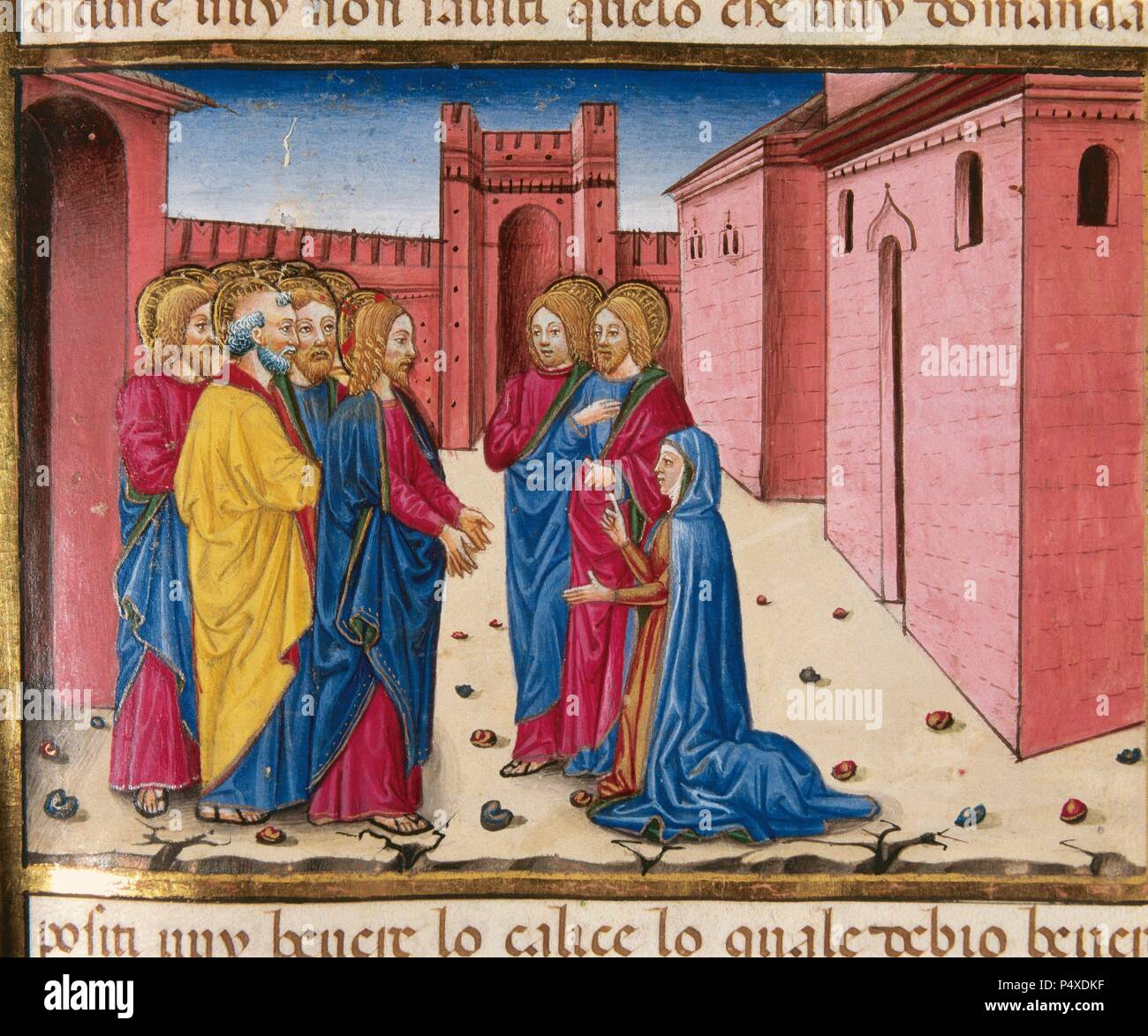 The mother of Zebedee's sons begs to Jesus to have them with her. Codex of Predis (1476). Royal Library. Turin. Italy. Stock Photo
