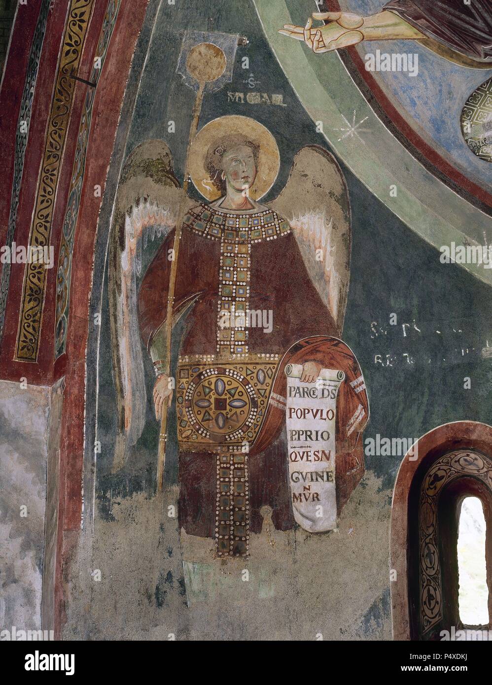 Italy. Novalesa Abbey. Chapel of Saint Eldrado and Saint Nicholas. 11th century. Fresco depicting Saint Michael Archangel. Abse. Stock Photo