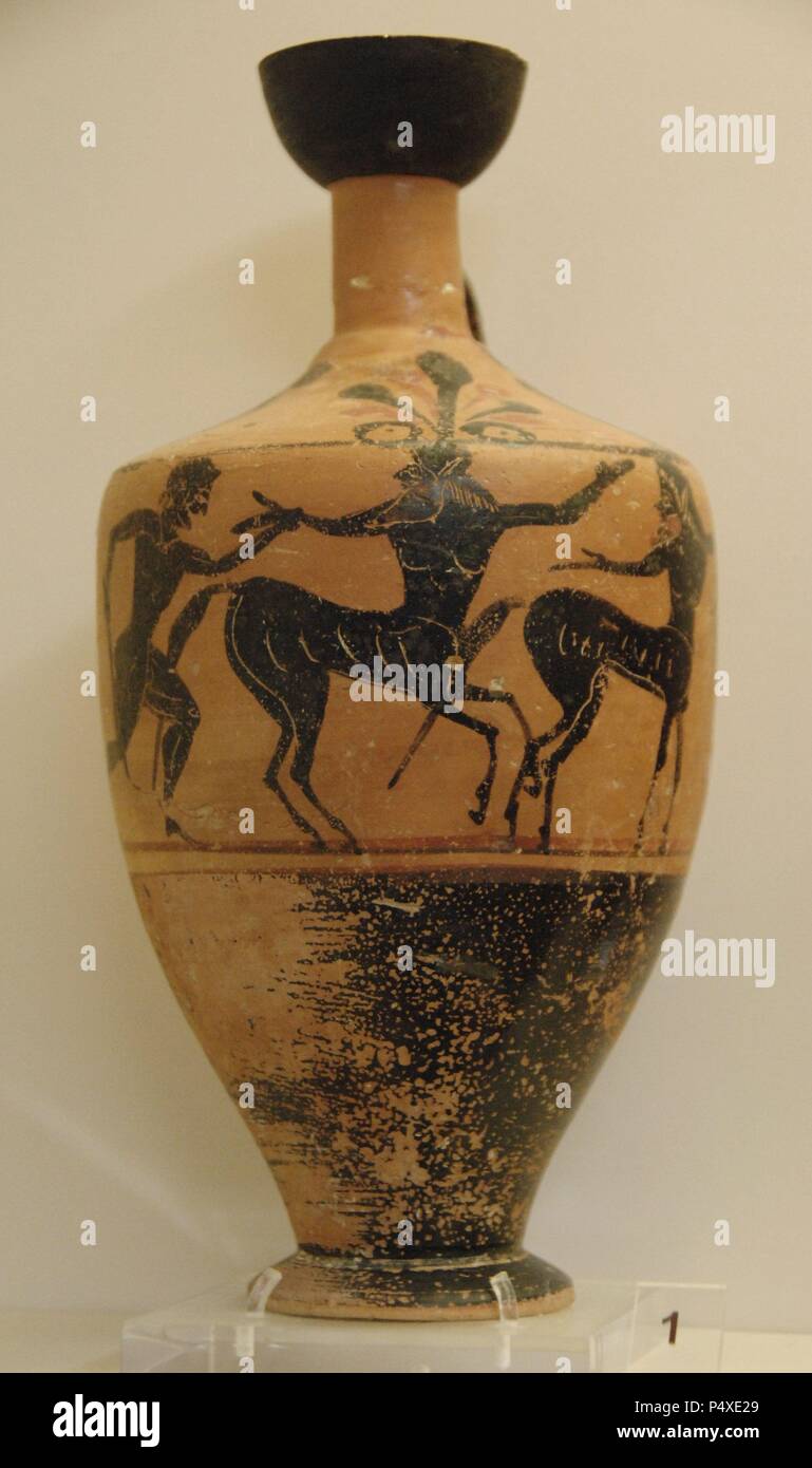 Lekythos black-figure with scenes of Centauromachy. Late 6th century and first half of 5th century BC. Olympia Archaeological Museum. Ilia Province. Peloponnese region. Greece. Stock Photo