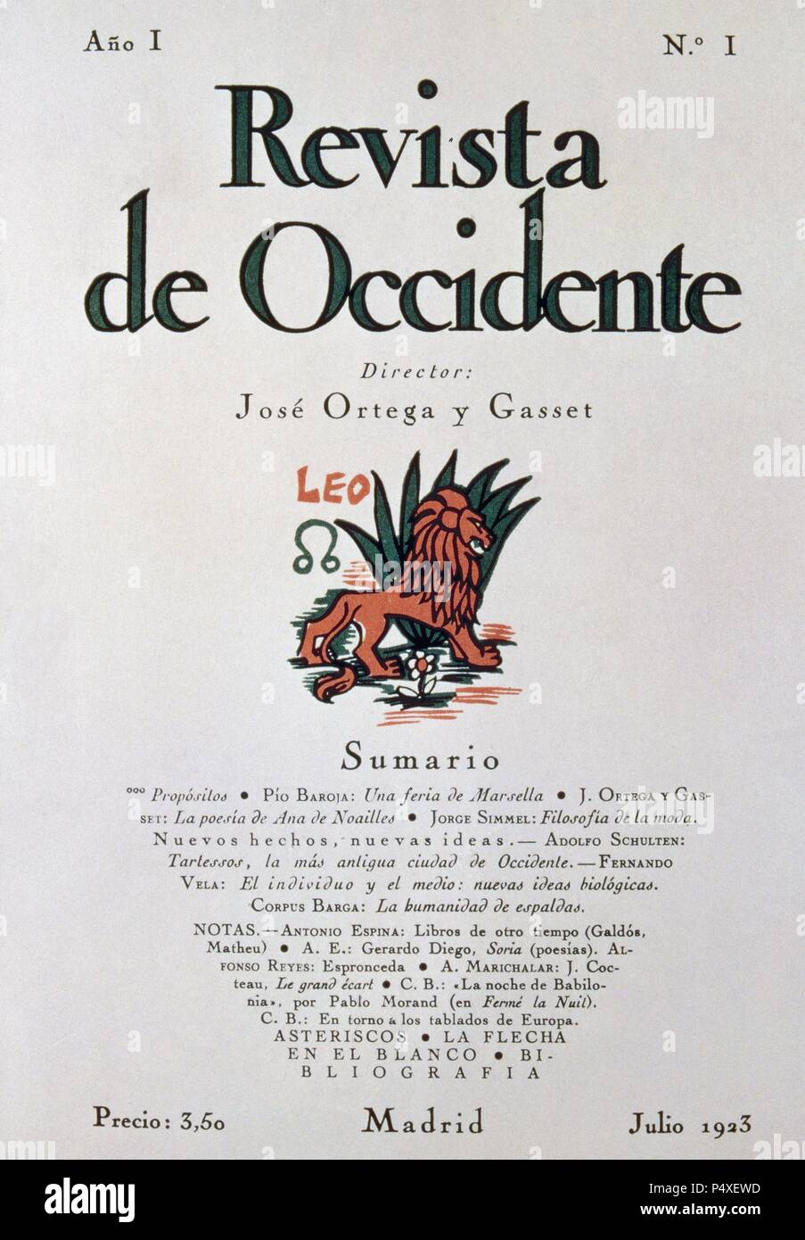 Revista de Occidente. Year 1. Number 1. Directed by Jose Ortega y Gasset. July, 1923. Madrid. Spain. Stock Photo