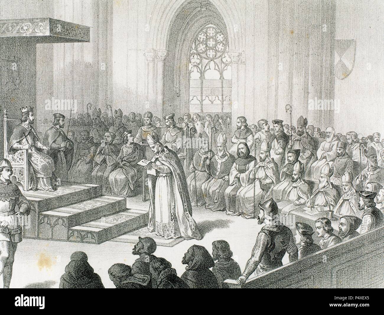 CONCILIOS DE TOLEDO. Institución legislativa del reino visigodo de la Península Ibérica, cuyas decisiones tenían a la vez carácter político y religioso. "TERCER CONCILIO DE TOLEDO, PRESIDIDO POR RECAREDO I" (m. año 601), rey de los visigodos entre los años 586 y 601. S. VI-VII (S. VI-S. VII). Grabado S. XIX. Stock Photo