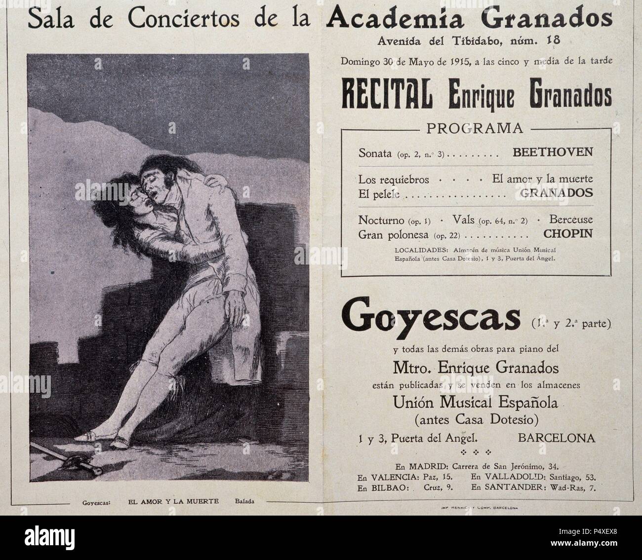 Enrique Granados (1867-1916). Spanish composer and pianist. Programme for the concert Goyescas (Los Majos Enamorados), Goyescas (The Gallants in Love) performed on piano by the composer at the Concert Hall of the Academia Granados in Barcelona. First and second part. May 30, 1915. Catalonia, Spain. Stock Photo