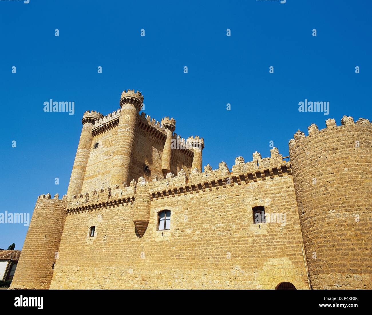 Spain. Fuensaldana. Castle. 15th century. Gothic style. Restored in 1983. Actually is assigned as a headquarter of the Cortes of Castile and Leon. Stock Photo