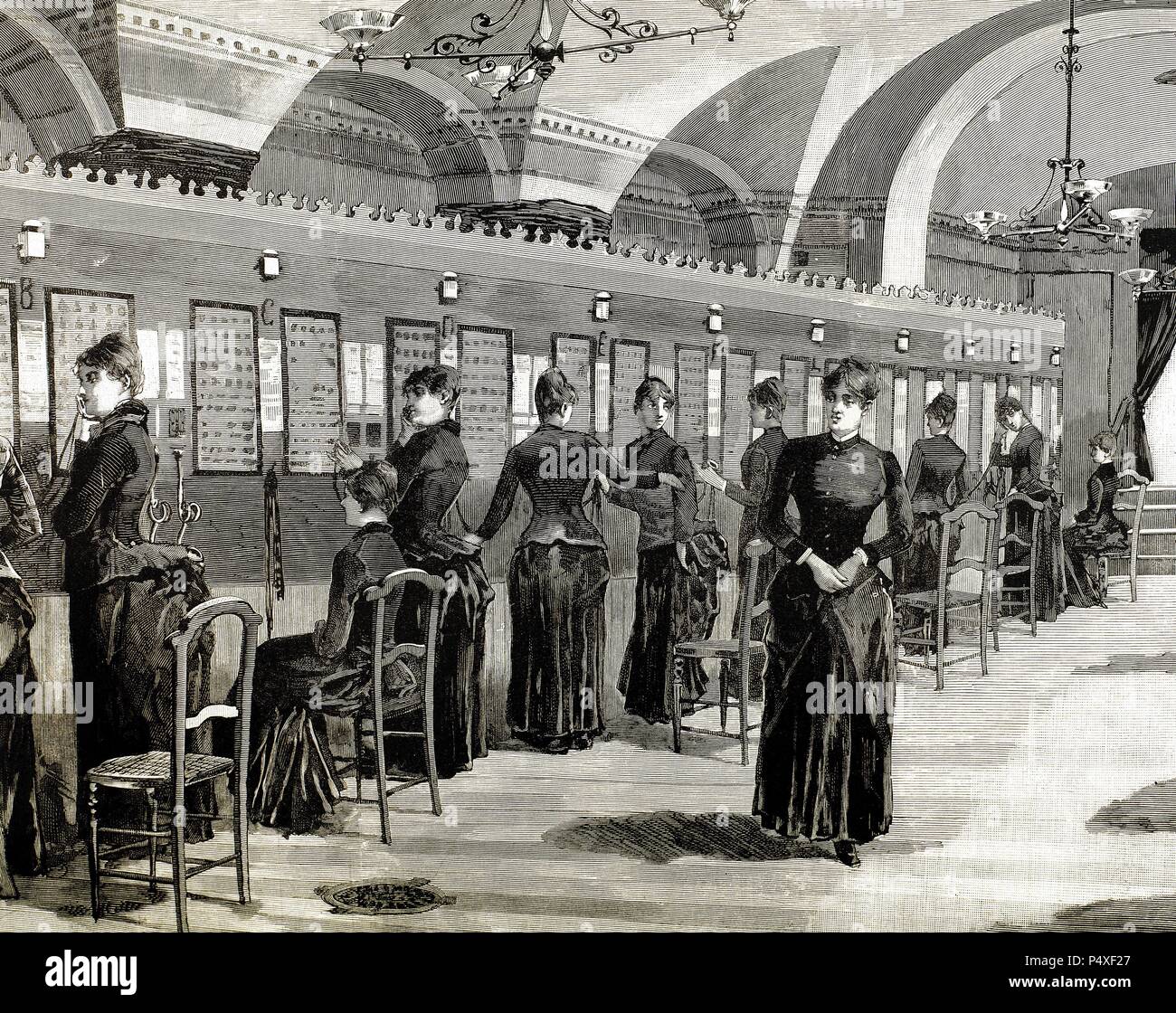 Telephone service in Madrid. Central office. Engraving, 1886. Stock Photo