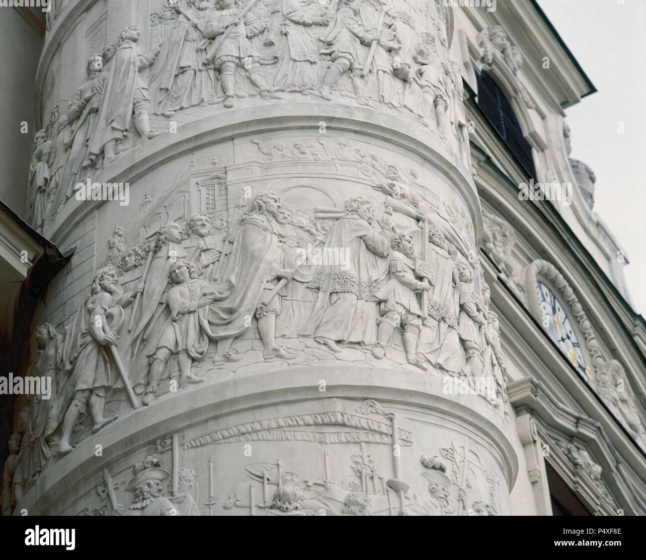 Baroque Art. Karlskirche or Church of St. Charles Borromeo (1716-1737). Column on the right side of the church, decorated with spirals and depicting scenes from the life of St. Charles Borromeo. Vienna. Austria. Stock Photo