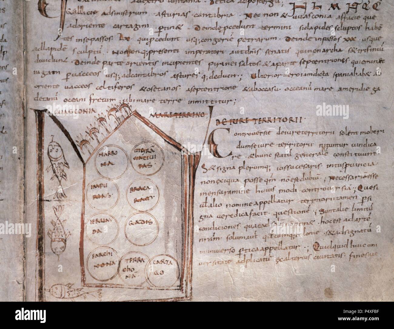 Demostratio Artis Geometricae Ex Multis Voluminibus Digestum. Schematic map of the Iberian Peninsula. 11th century. Depicts the Iberian Peninsula in a pentagon invested. Manuscript of the Monastery of Ripoll, 106, fol. 82r. Archive of the Crown of Aragon. Barcelona. Spain. Stock Photo