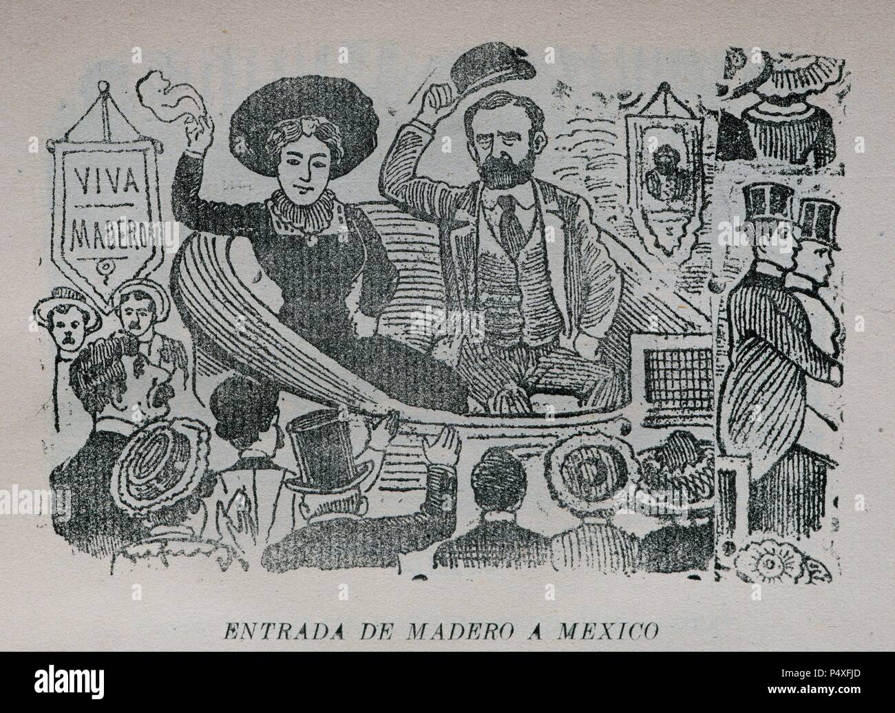 Francisco Madero (1873-1913). Mexican politician. Madero's entry to Mexico as a president. Engraving by Jose Guadalupe Posada, mexican engraver. Stock Photo