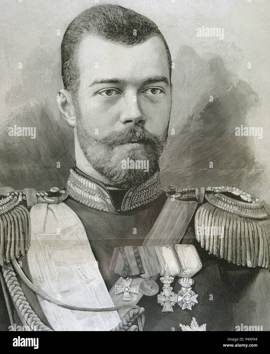 Nicholas II (1868-1918). Last Emperor of Russia, Grand Duke of Finland, and titular King of Poland. His official short title was Nicholas II, Emperor and Autocrat of All the Russias. Engraving. Stock Photo