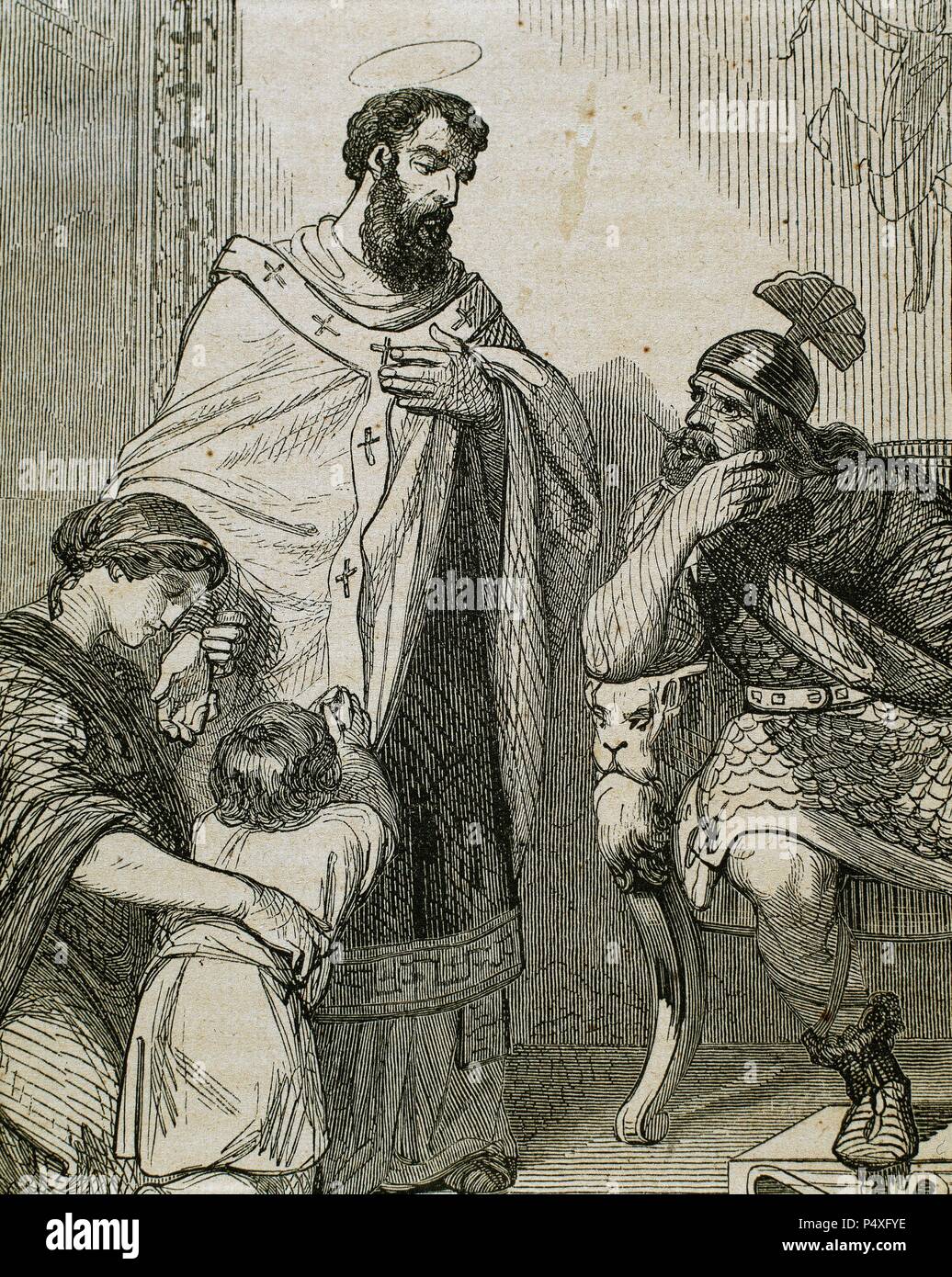 St. Paulinus of Nola (355-431). Bishop of Nola and poet. Engraving. Stock Photo