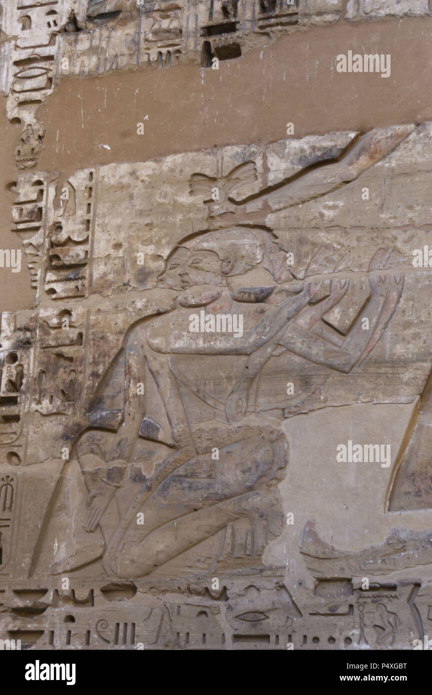 Temple of Ramses III. Relief depicting war prisoners. New Kingdom. (1550-1069 b.C). Twentieth dynasty. Thebes. Medinet-Habou. Egypt. Stock Photo