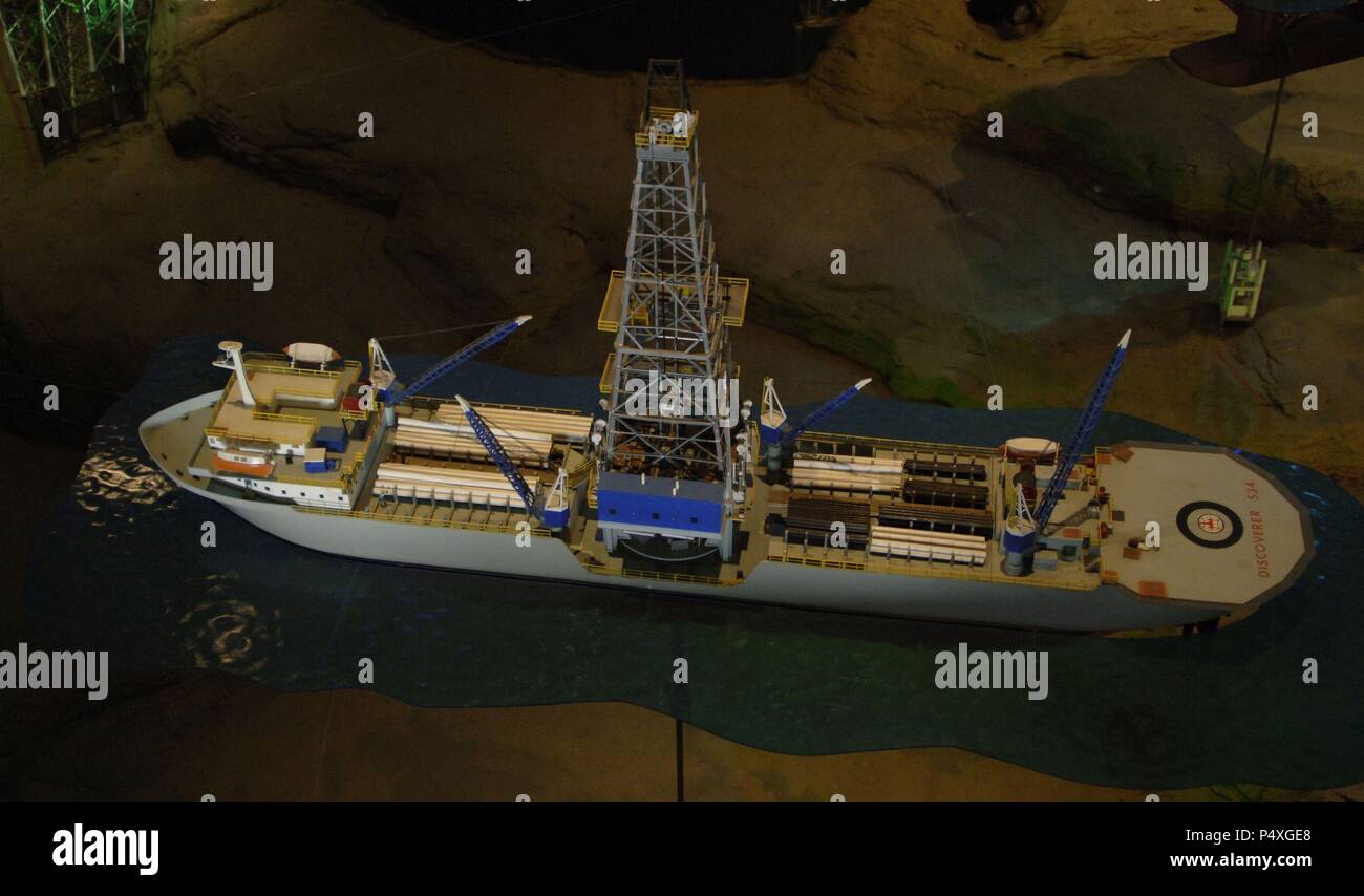 Drill ship. Model. Oil well. The Ocean Star Offshore Oil Rig & Museum. Galveston. Texas. United States. Stock Photo