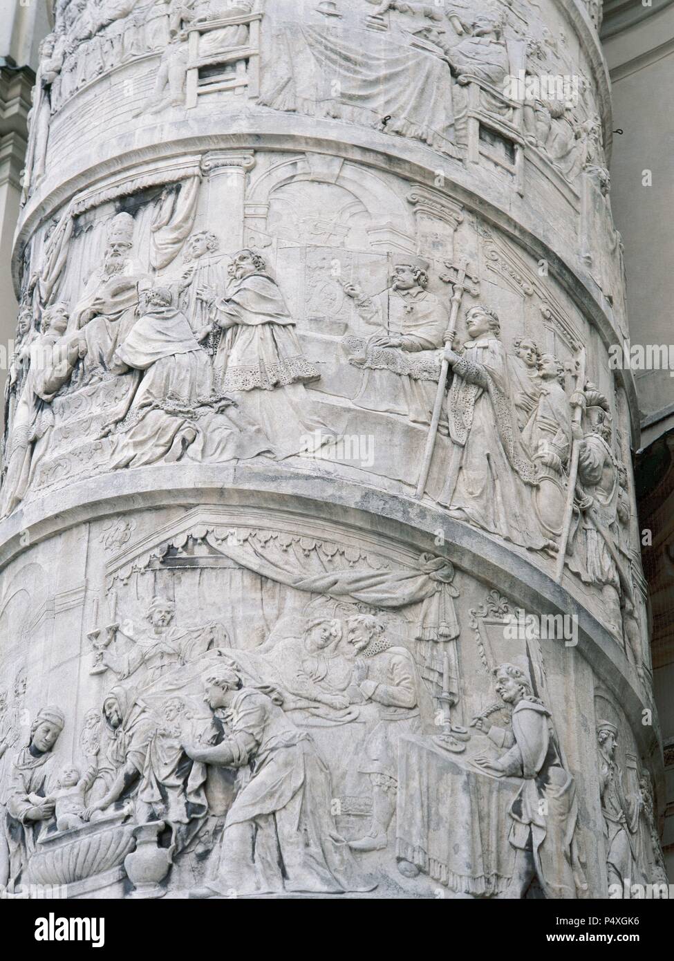 Baroque Art. Karlskirche or Church of St. Charles Borromeo (1716-1737). Column on the left side of the church, decorated with spirals. Detail depicting scenes from the life of St. Charles Borromeo. Vienna. Austria. Stock Photo