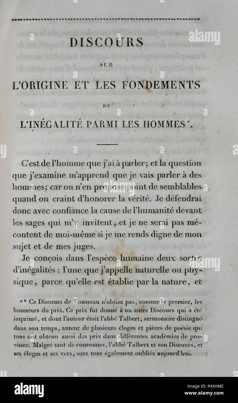 LITERATURA FRANCESA. SIGLO XVIII. ROUSSEAU, Jean Jacques (Ginebra,1712-Ermenonville 1778). Escritor y filósofo suizo en lengua francesa. Entabló relación con Voltaire, Grimm y Diderot quien le encargó artículos sobre música para la Enciclopedia. PRIMERA PAGINA DE LA OBRA 'DISCURSO SOBRE EL ORIGEN Y LOS FUNDAMENTOS DE LA DESIGUALDAD ENTRE LOS HOMBRES' (1755) . Stock Photo